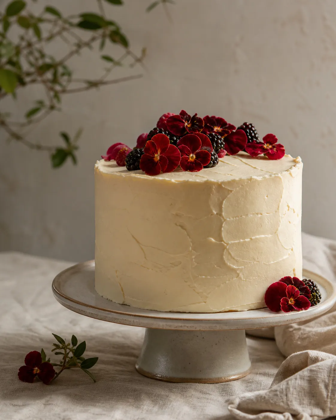 Bolo artesanal de creme claro com flores comestíveis carmim