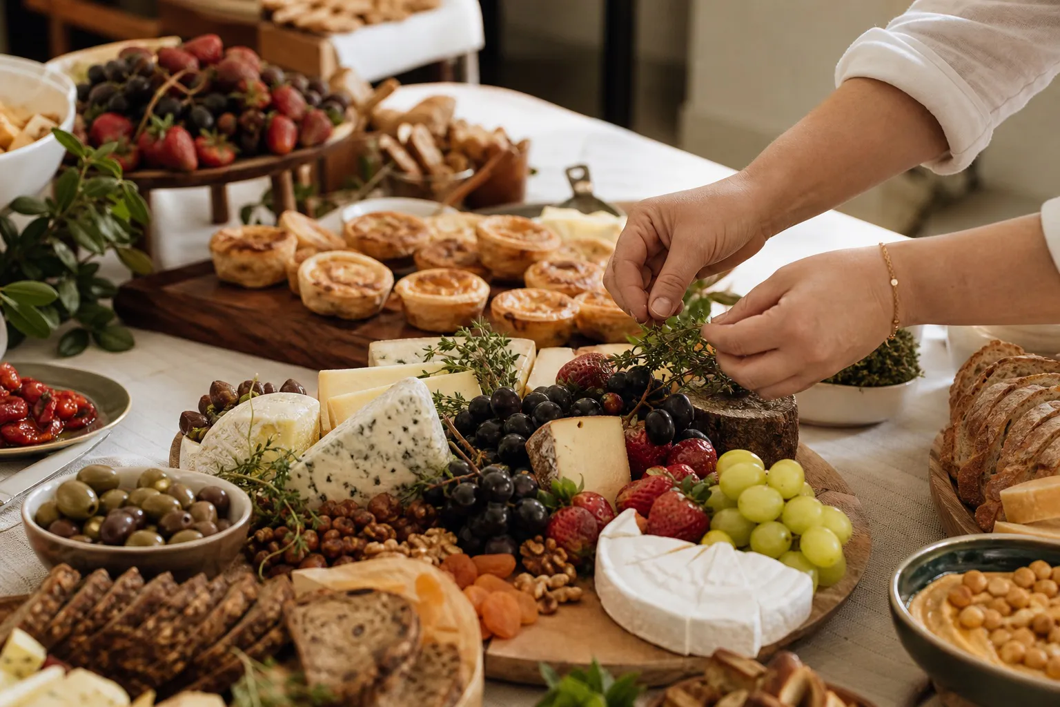 Mãos a finalizar uma mesa de queijos, fruta e pão